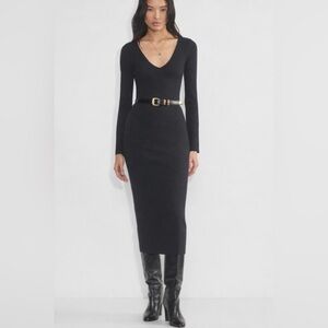 Wilfred Moore Charcoal Grey Long-Sleeve V-Neck Fitted Midi Sweater Dress XXS